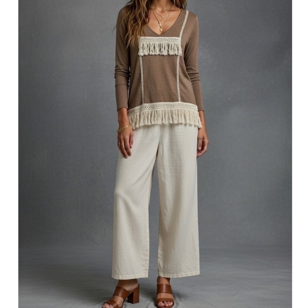 Entro Women's Brown V Neck Long‎ Sleeve Fringe Trim Knit Top Size Large Boho